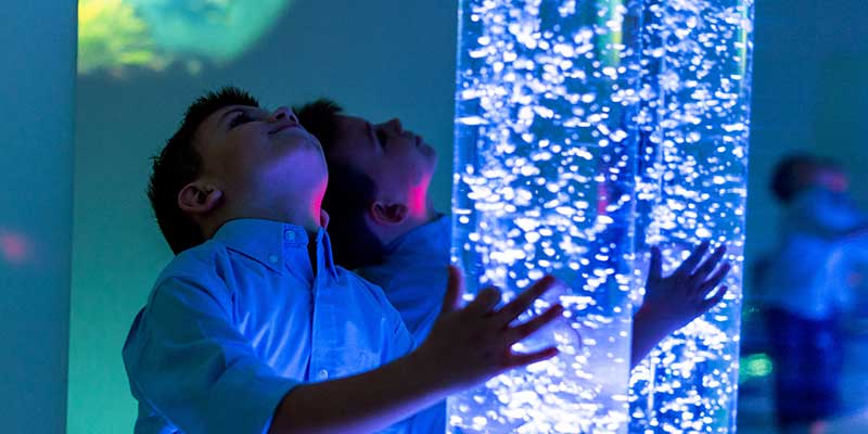Young boy looking up at a sensory, light up bubble tube